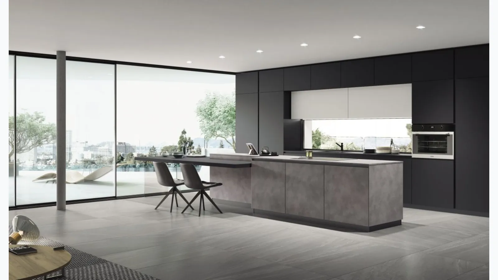 Cucina Moderna con isola AL 32 04 in HPL Cemento e Vetro opaco Nero di Arrex