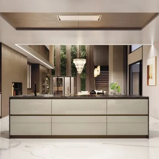 Cucina Moderna con isola AL 32 10 in Vetro lucido Juta e Noce Canaletto di Arrex