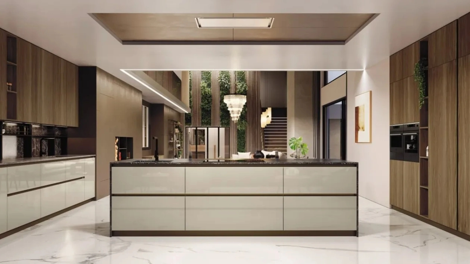 Cucina Moderna con isola AL 32 10 in Vetro lucido Juta e Noce Canaletto di Arrex