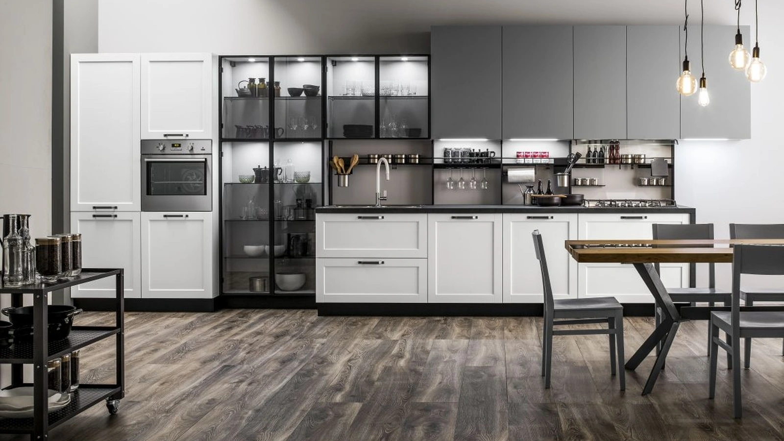 Cucina Moderna lineare Dallas 03 in PET Zucchero con Vetrine di Arrex