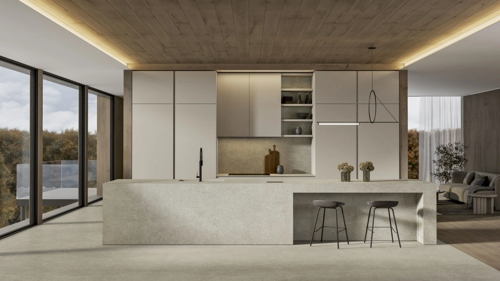 Cucina Moderna con isola Gea 01 in PET Sabbia di Arrex