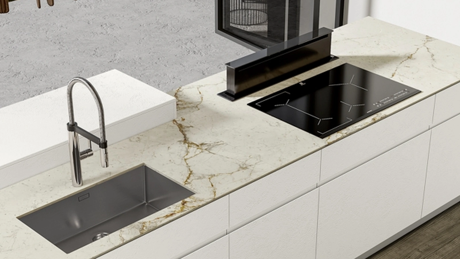 Cucina Moderna con isola Gea 03 in PET Calce di Arrex