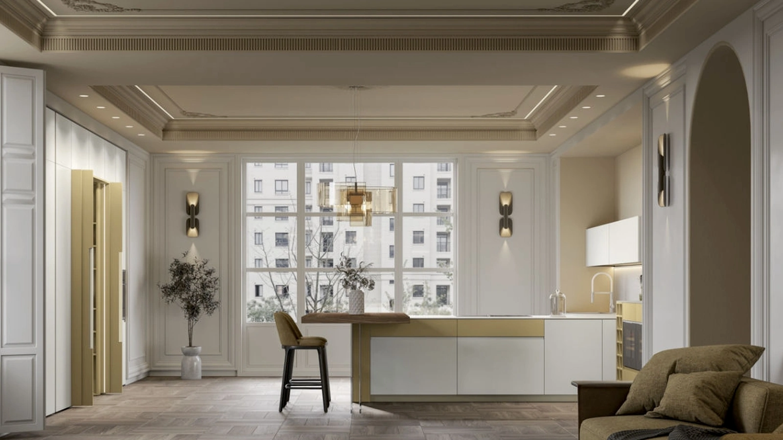 Cucina Moderna con penisola Gea 04 in PET Zucchero e laccato di Arrex