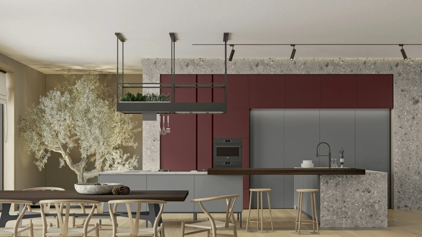 Cucina Moderna con penisola Gea 05 in PET Sasso e laccato di Arrex