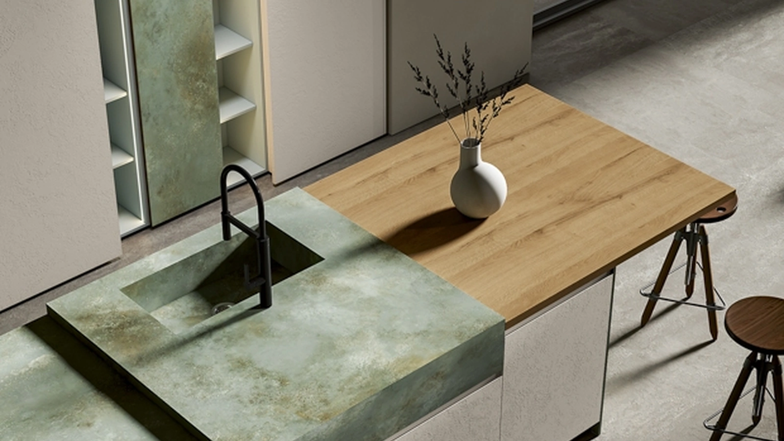 Cucina Moderna con isola in PET Creta e Gres Ossido Verderame Gea 06 di Arrex