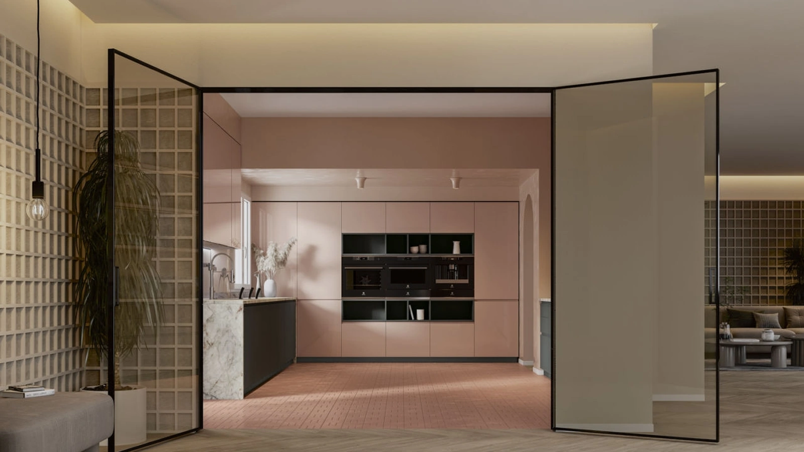 Cucina Moderna con penisola Gea 08 in laccato lucido e PET Ardesia di Arrex