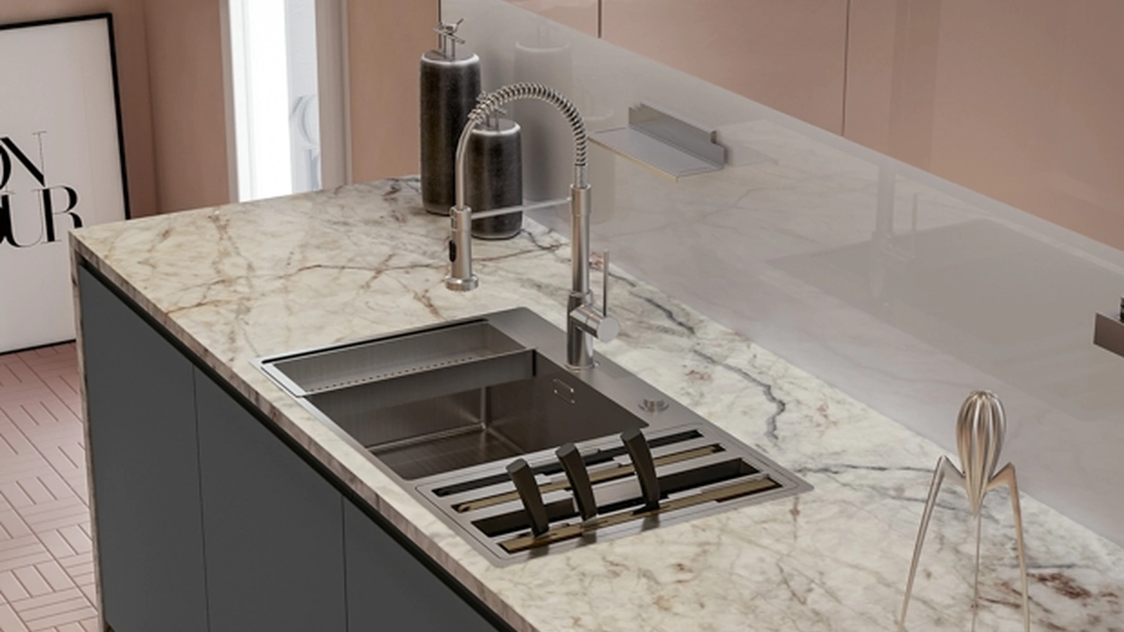 Cucina Moderna con penisola Gea 08 in laccato lucido e PET Ardesia di Arrex