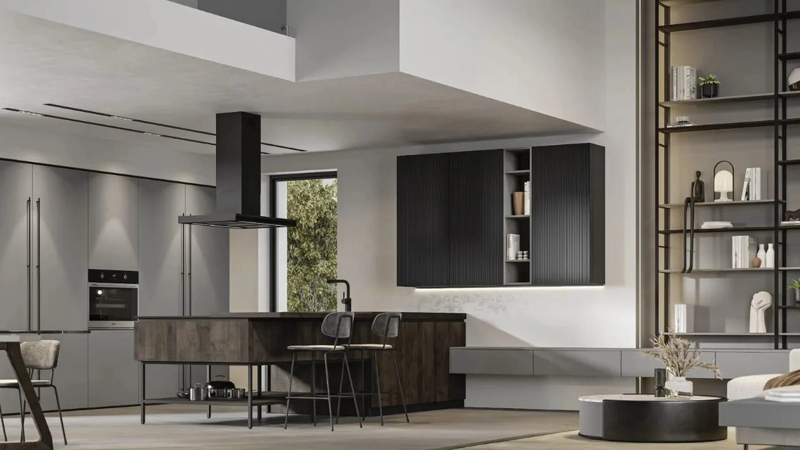 Cucina Moderna con penisola Loft 2|2 12 in Old Oak Petrolio e laccato di Arrex