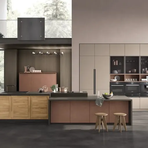 Cucina Moderna con isola Twin 06 Okobo Natural e Lab Oxide Marrone di Arrex