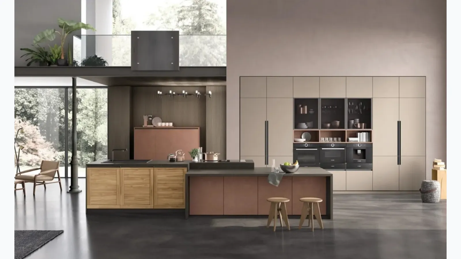 Cucina Moderna con isola Twin 06 Okobo Natural e Lab Oxide Marrone di Arrex