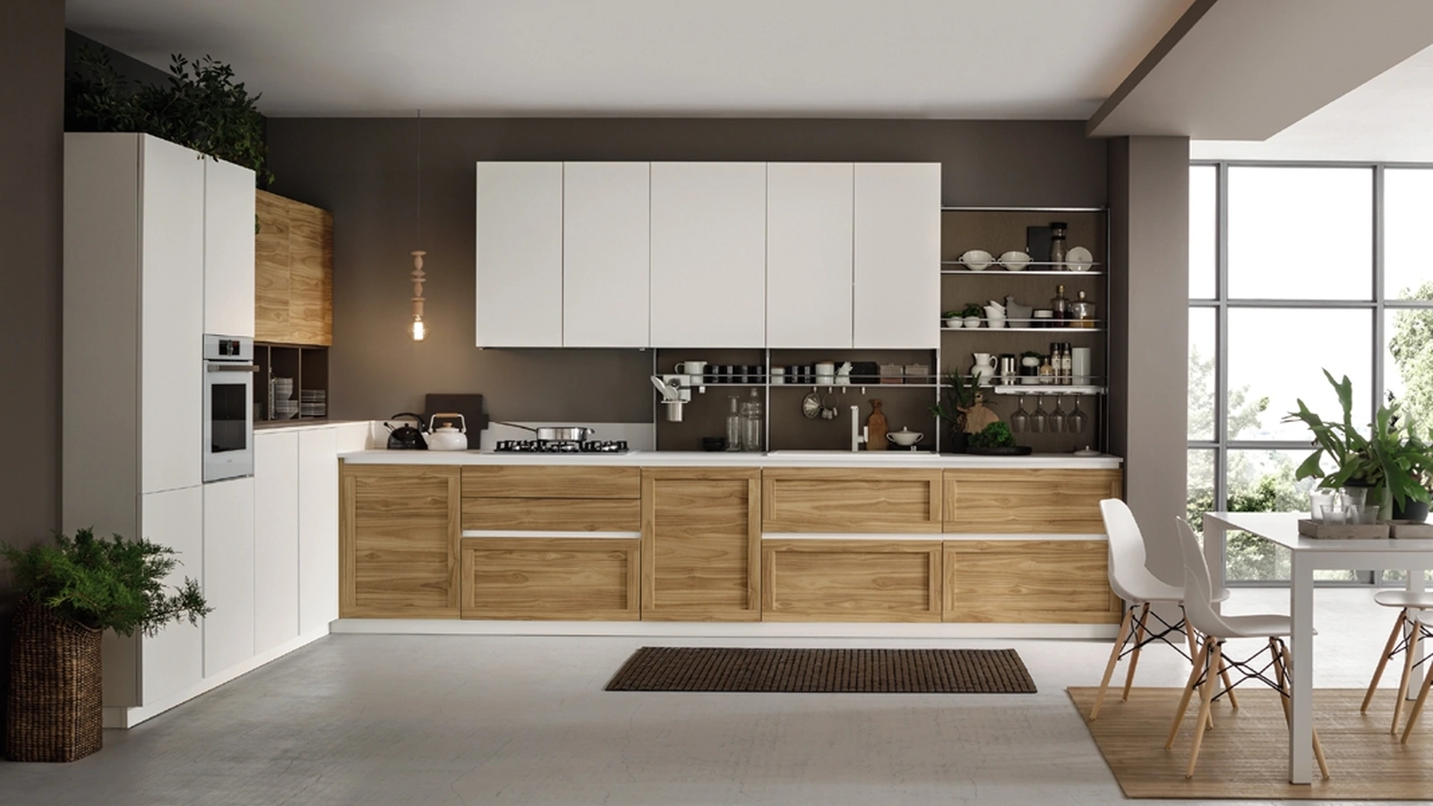 Cucina Moderna ad angolo Twin 03 in HPL Okobo Natural & White di Arrex