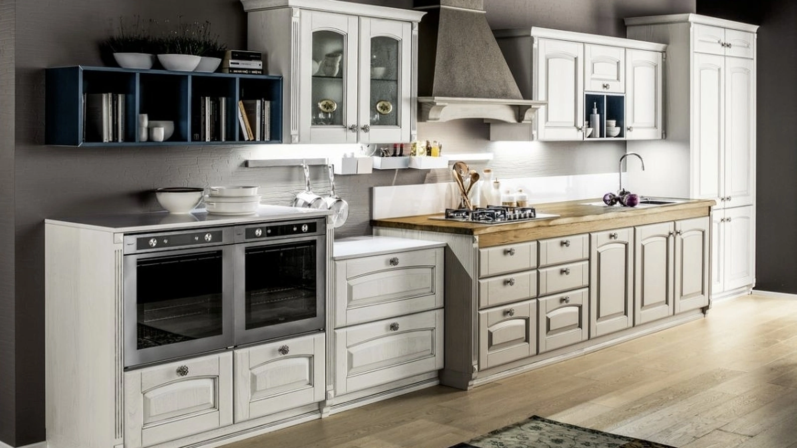 Cucina Shabby Chic lineare Magda 05 in legno di Rovere Decapé Gesso e Ecru di Arrex