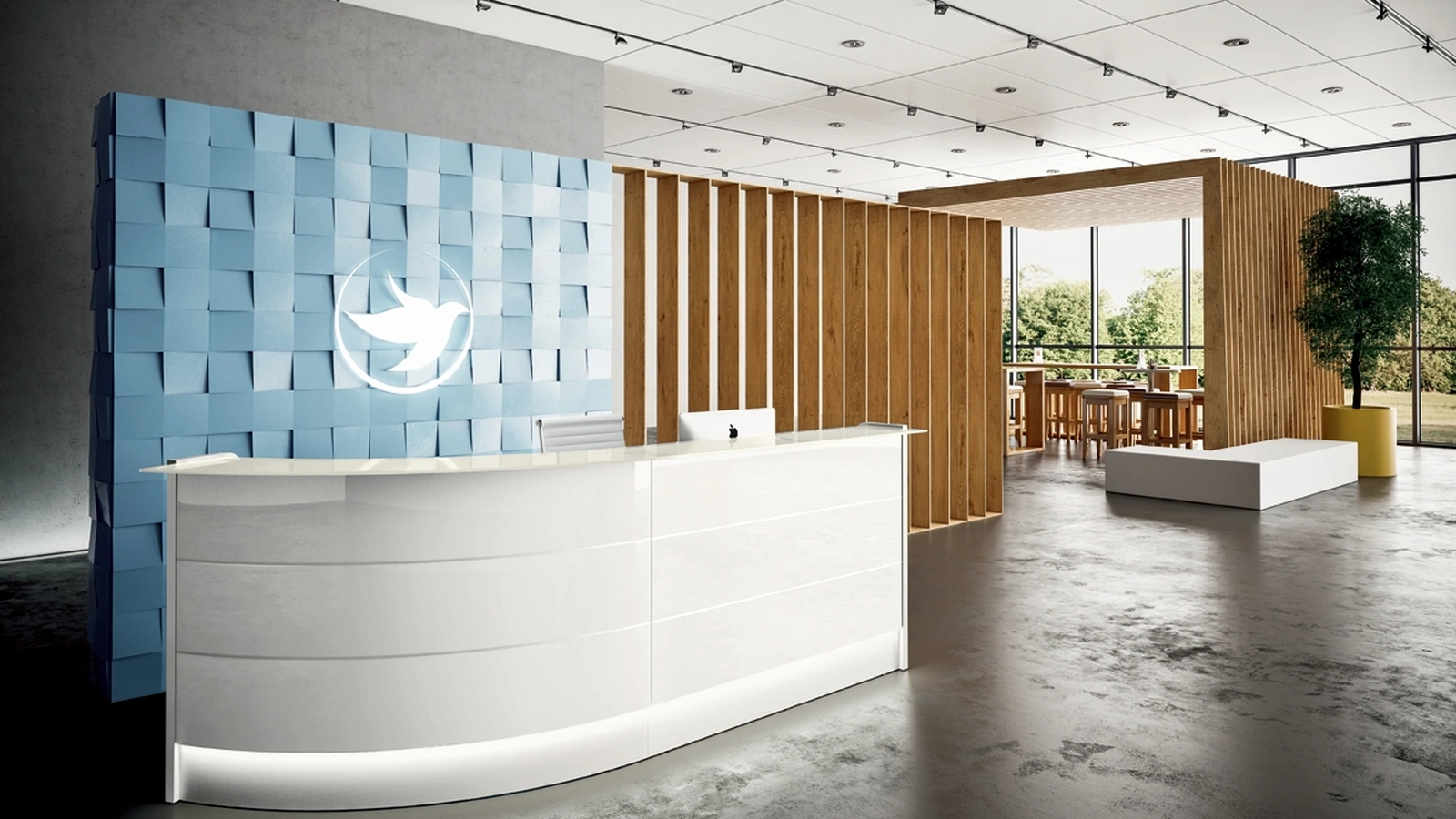 Bancone Reception curvo GET IN 01 in vetro laccato di Colombini Office