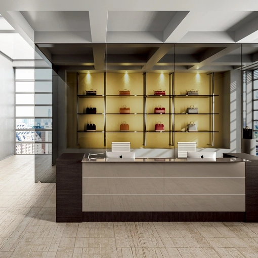 Bancone Reception GET IN 02 con top e frontale a specchio e struttura in melaminico di Colombini Office