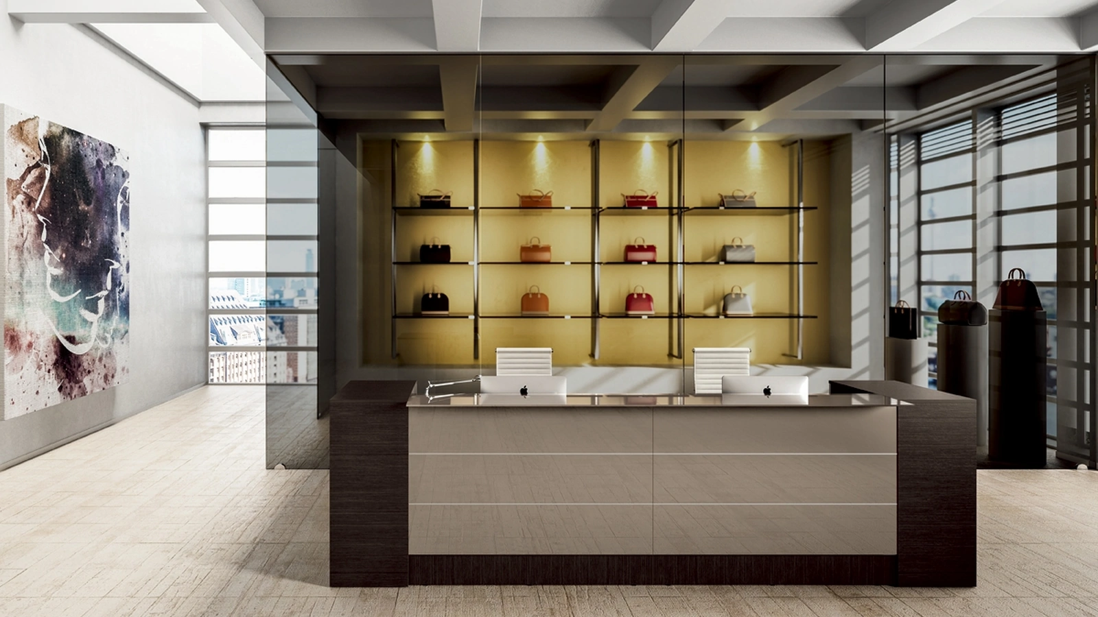 Bancone Reception GET IN 02 con top e frontale a specchio e struttura in melaminico di Colombini Office